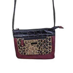 Mia De Luca Crossbody Bag Small Purse Leopard Studs Burgundy Brown Glitter
